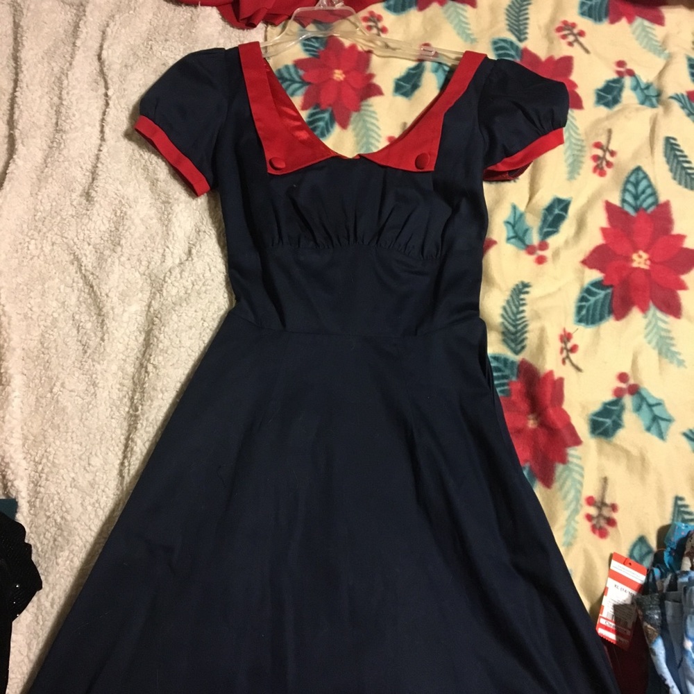 Pinup Girl Clothing Dorothy Red & Navy Blue Dress